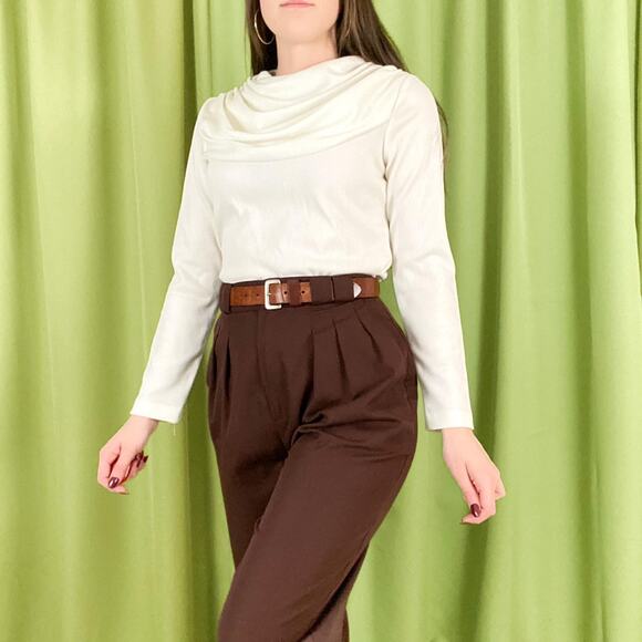 70s Vintage Off White Polyester Cowl Neck Tunic Long Sleeve Blouse with Belt - Picture 1 of 5